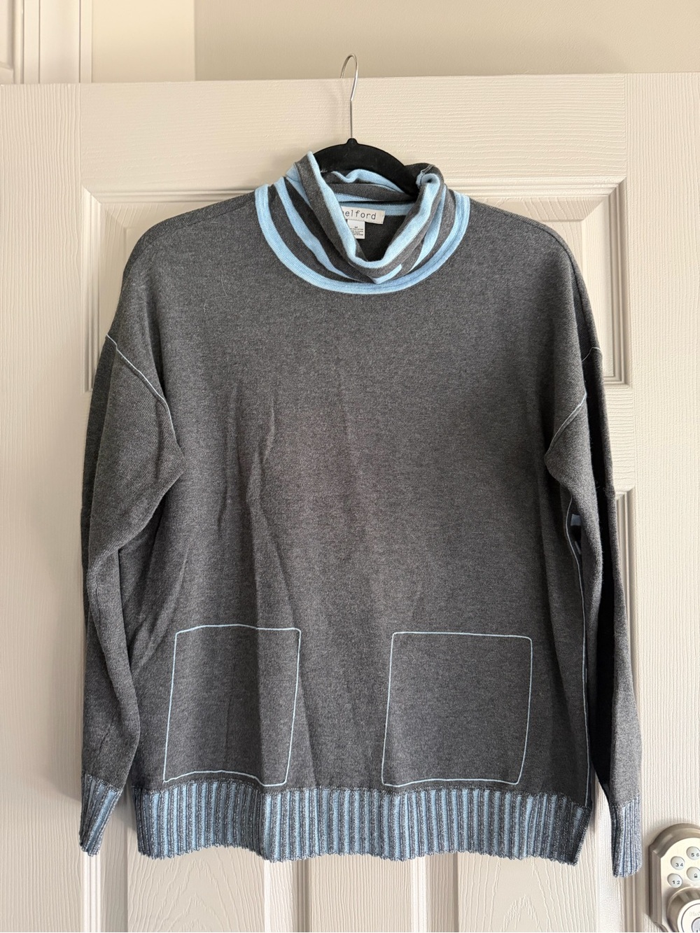 Welford Women's Gray Cowl Neck Sweater with Light Blue Trim